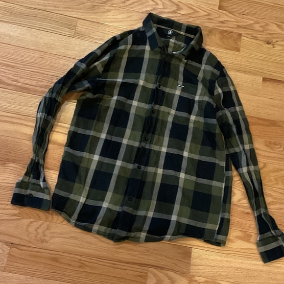 Volcom Olive, Black & Tan Plaid Button-Down Shirt - Picture 2 of 10